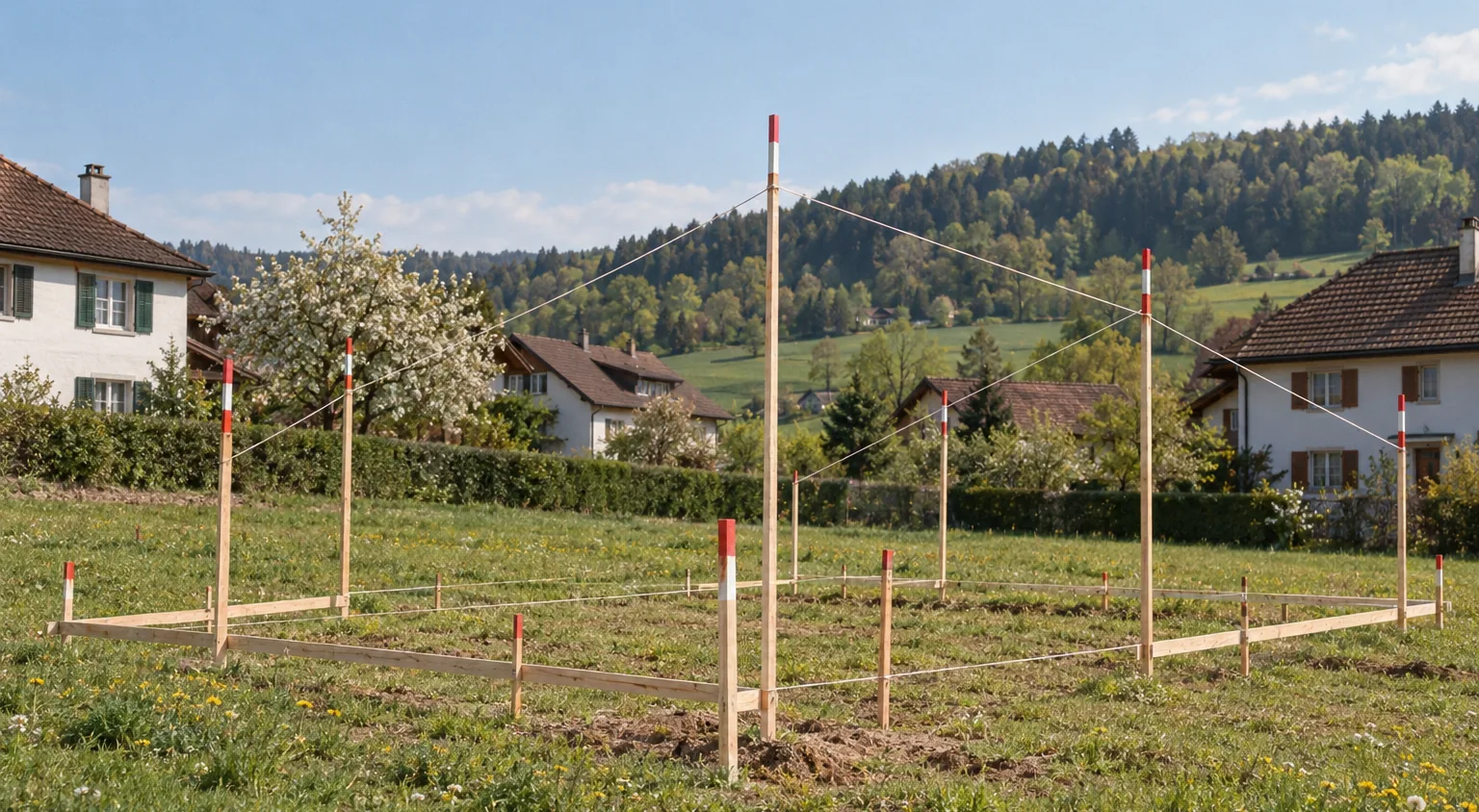 Baugespann aus Holzlatten auf einer Wiese am Dorfrand, daneben bestehende Einfamilienhäuser