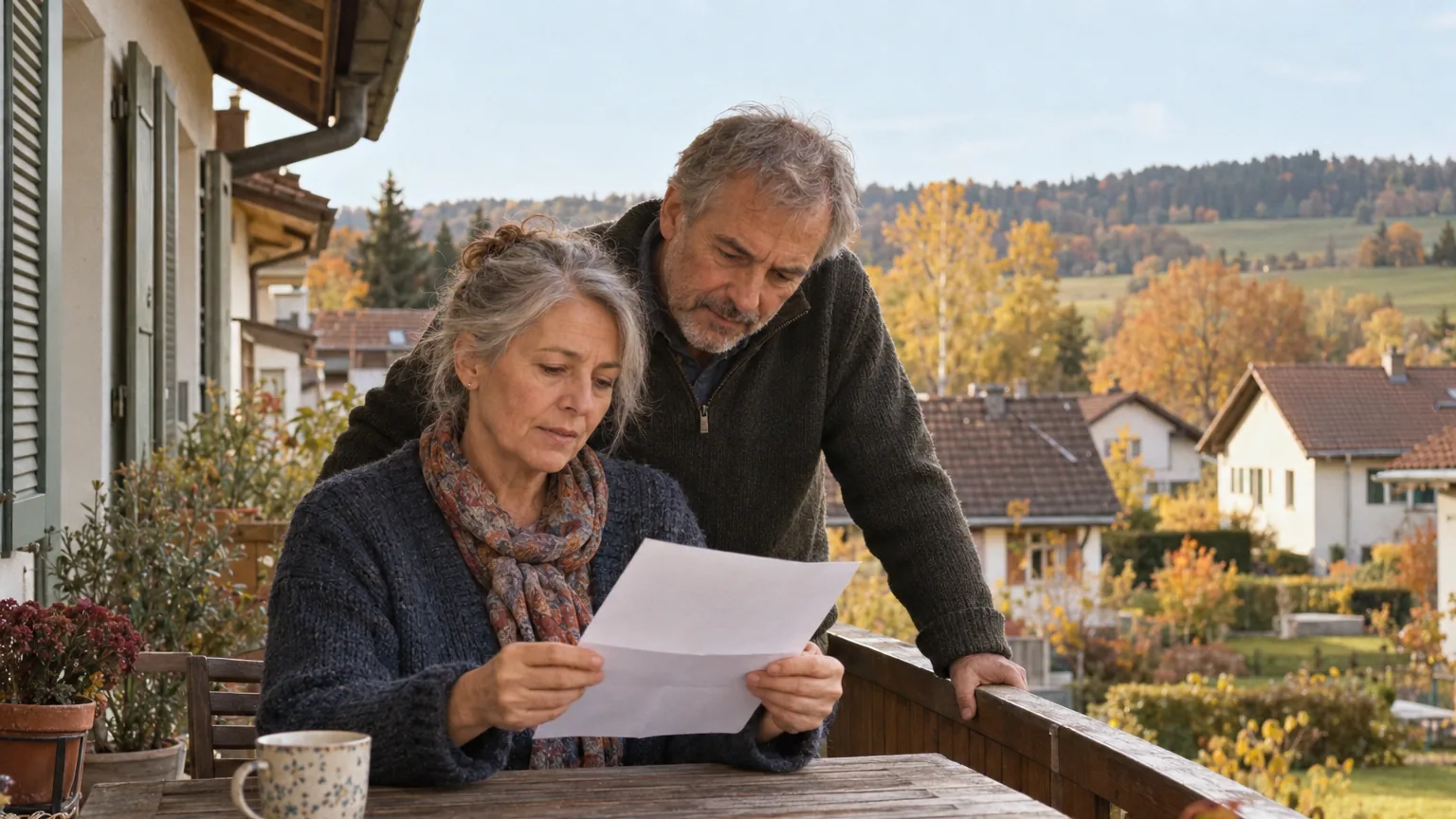 Paar liest auf dem Balkon seines Reihenhauses einen Brief der Bank