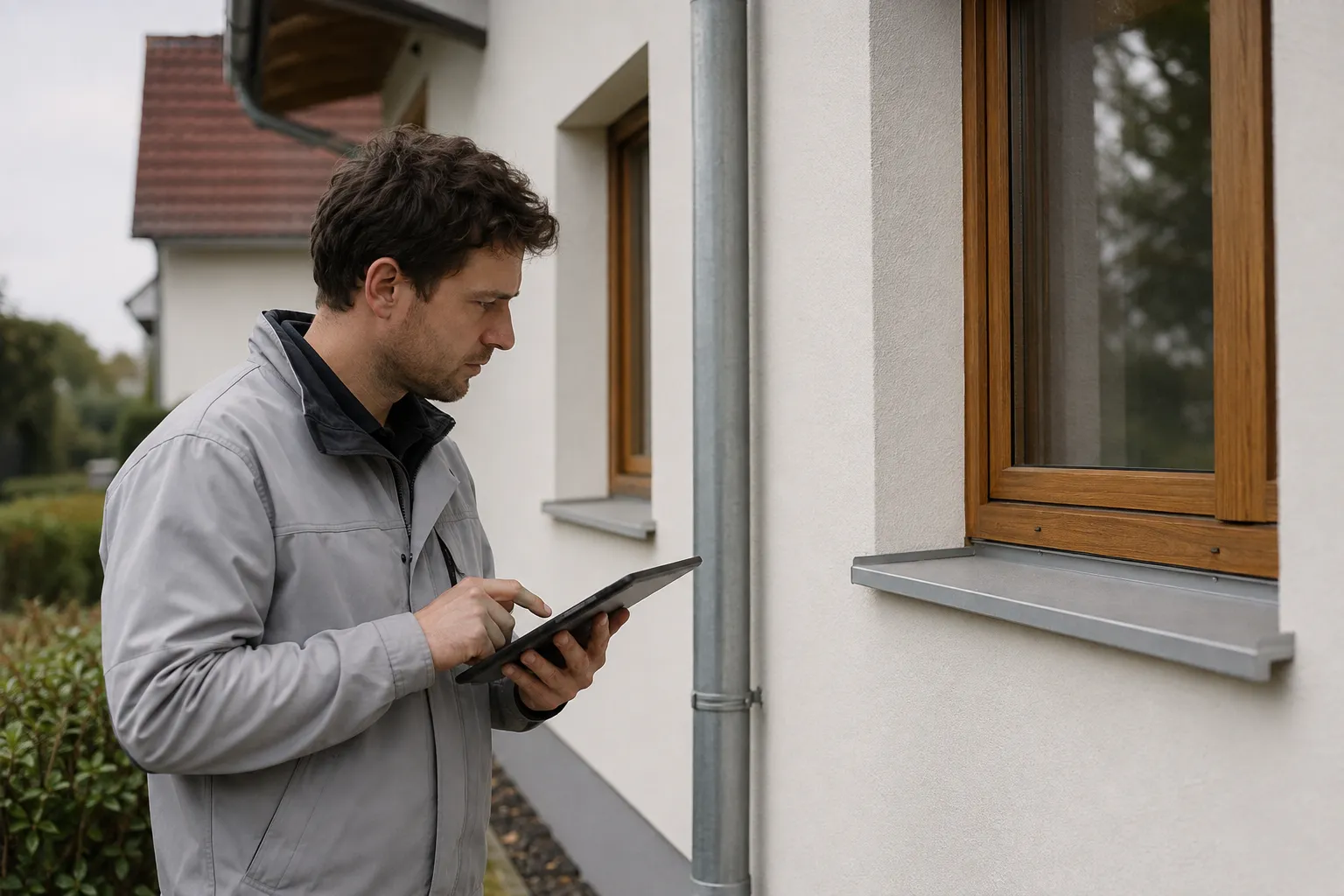 Fachperson nimmt an einer Hausfassade Daten für den Gebäudeenergieausweis auf