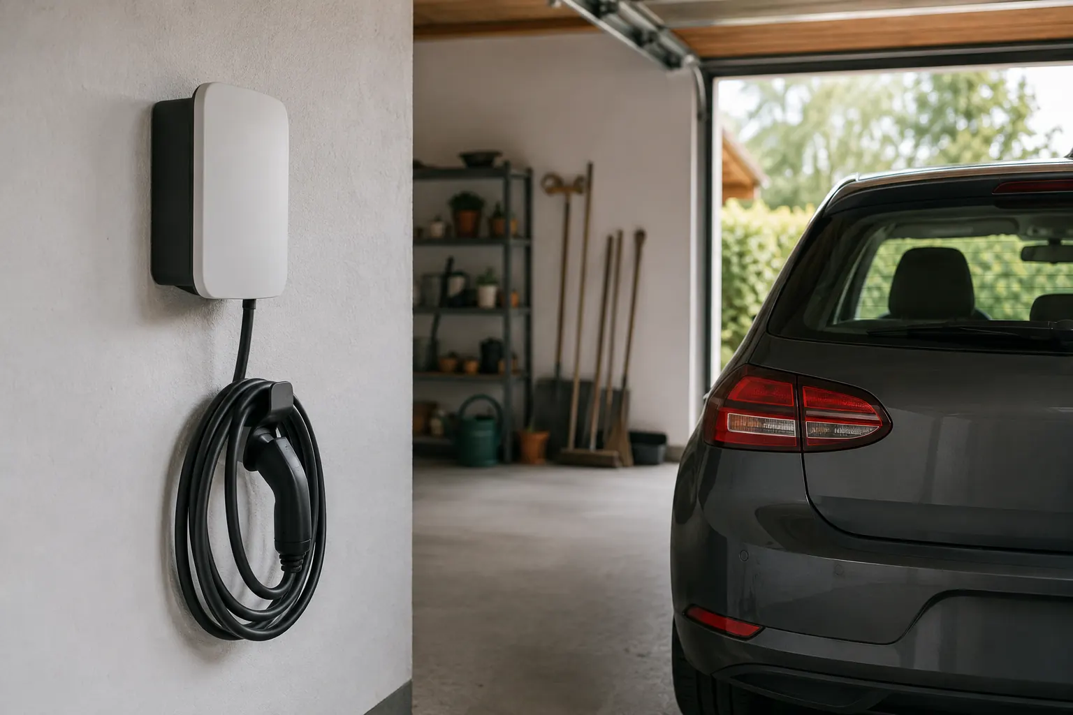 Wandladestation mit Typ-2-Kabel an der Innenwand einer Einfamilienhaus-Garage