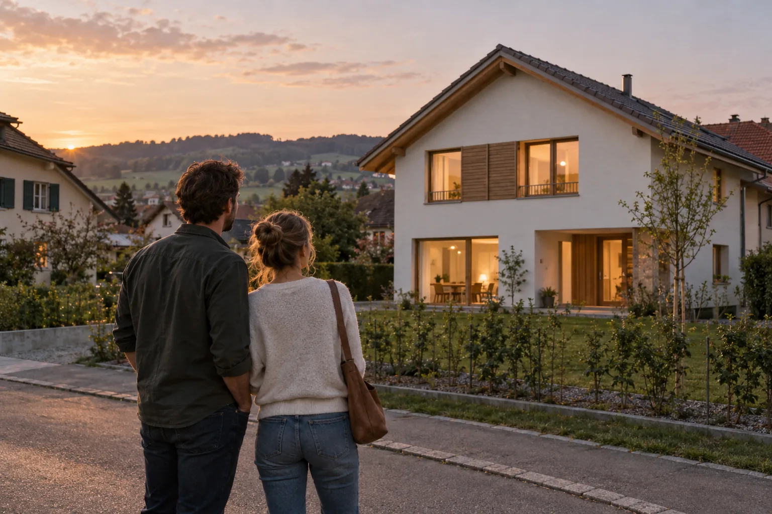 Paar steht abends vor einem neu gebauten Einfamilienhaus in einem Schweizer Wohnquartier